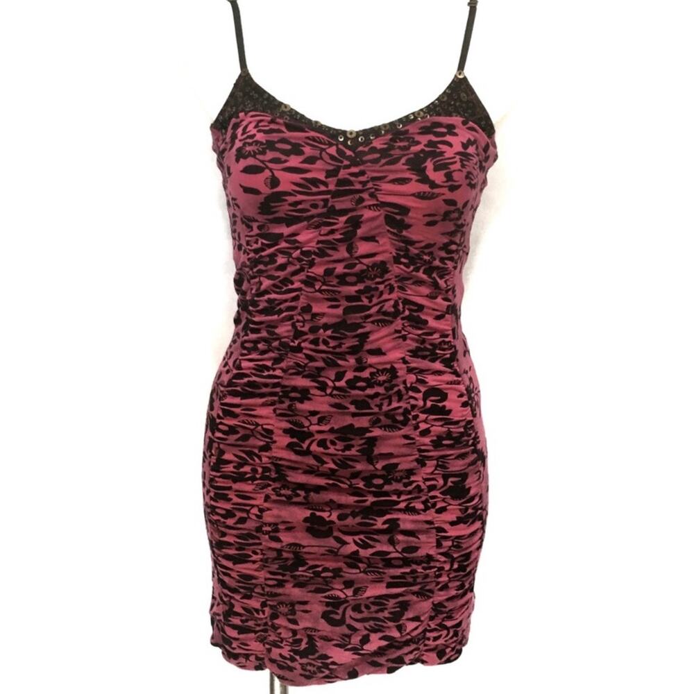 Free People Dress Ruched Mini‎ Bodycon Sequin Pink Floral Size 8